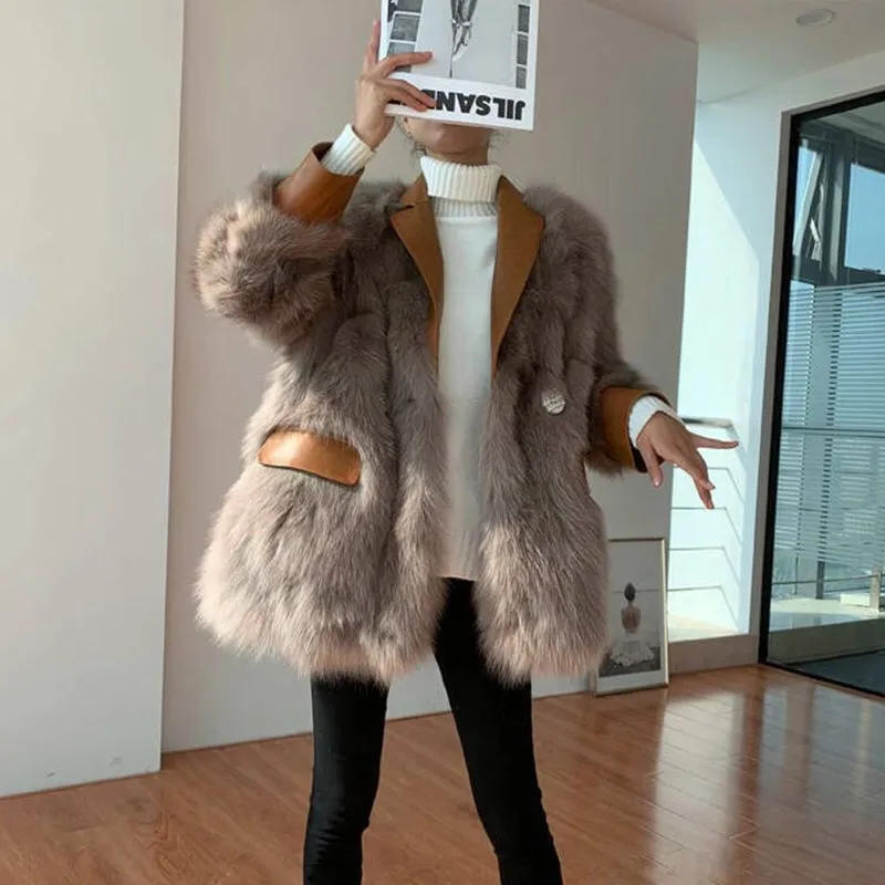 21 Faux Fox Fur Mid Length PU Leather Jacket