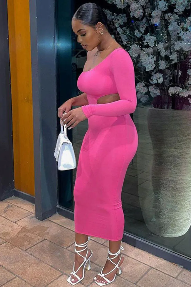 Asymmetric One Shoulder Long Sleeve Cutout Bodycon Party Midi Dress - Pink