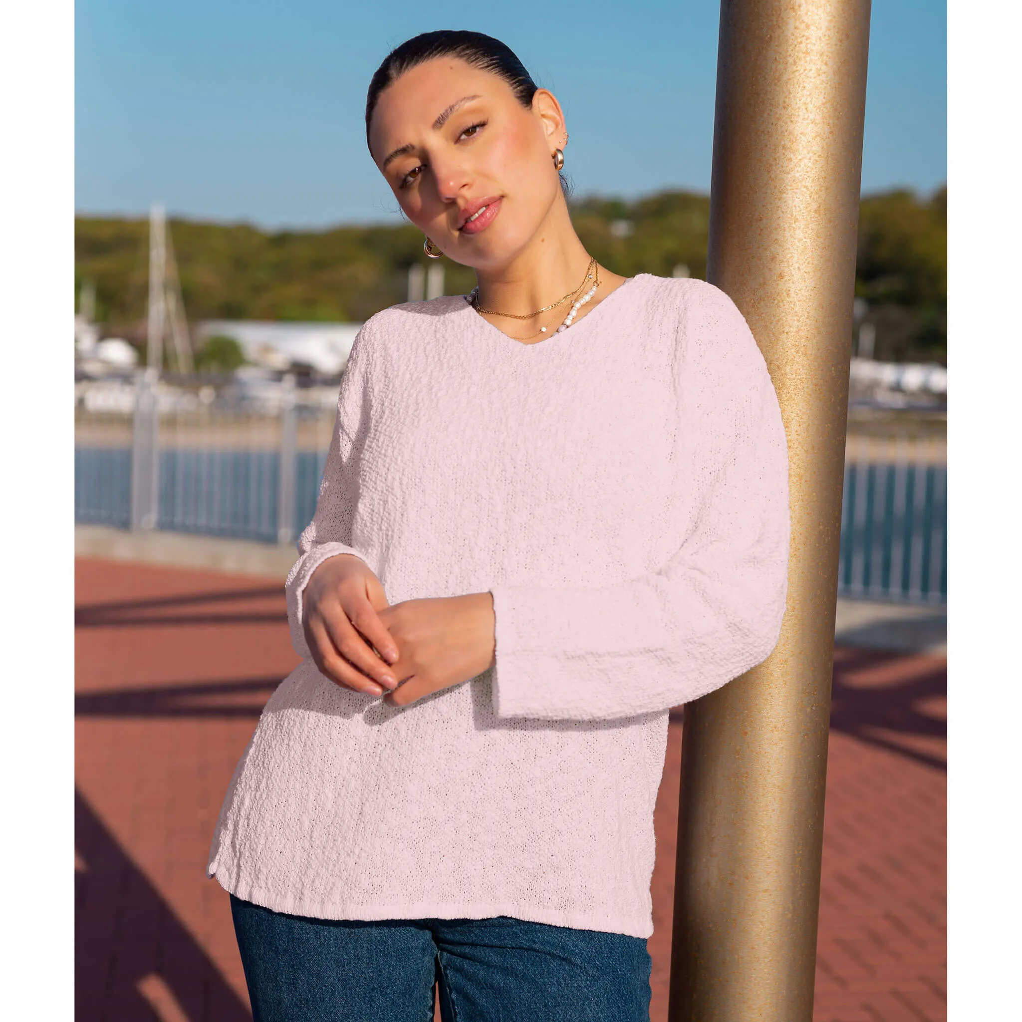 Avalin V-Neck Scramble Stitch Sweater - Pink