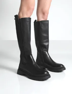 Balya Black Pu Pointed Toe Chunky Sole Knee High Boots