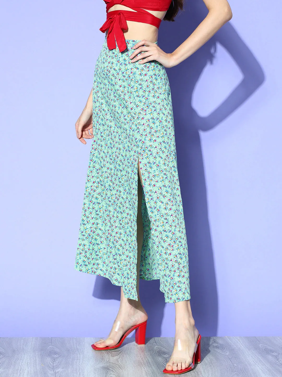 Berrylush Women Green Floral Printed High-Rise Waist Side-Slit Flared A-Line Maxi Skirt