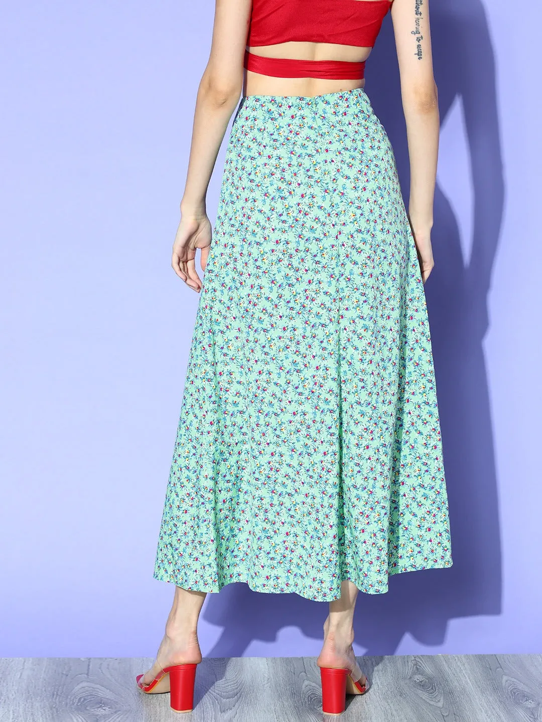 Berrylush Women Green Floral Printed High-Rise Waist Side-Slit Flared A-Line Maxi Skirt