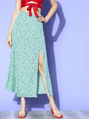 Berrylush Women Green Floral Printed High-Rise Waist Side-Slit Flared A-Line Maxi Skirt