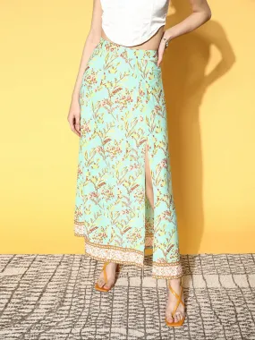 Berrylush Women Green Floral Printed High-Rise Waist Side-Slit Flared A-Line Midi Skirt