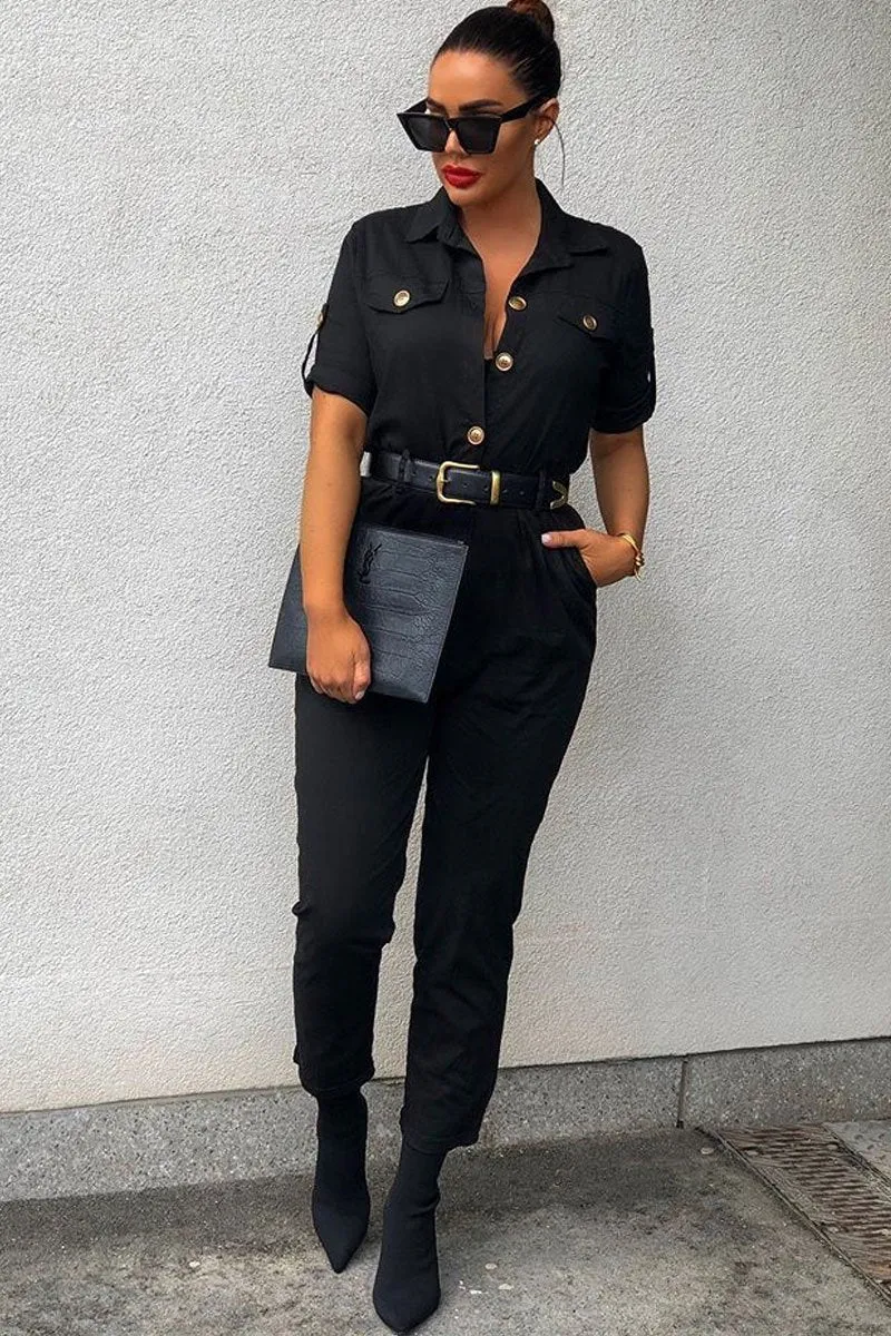 Black Front Button Belted Boiler Jumpsuit - Nyrah