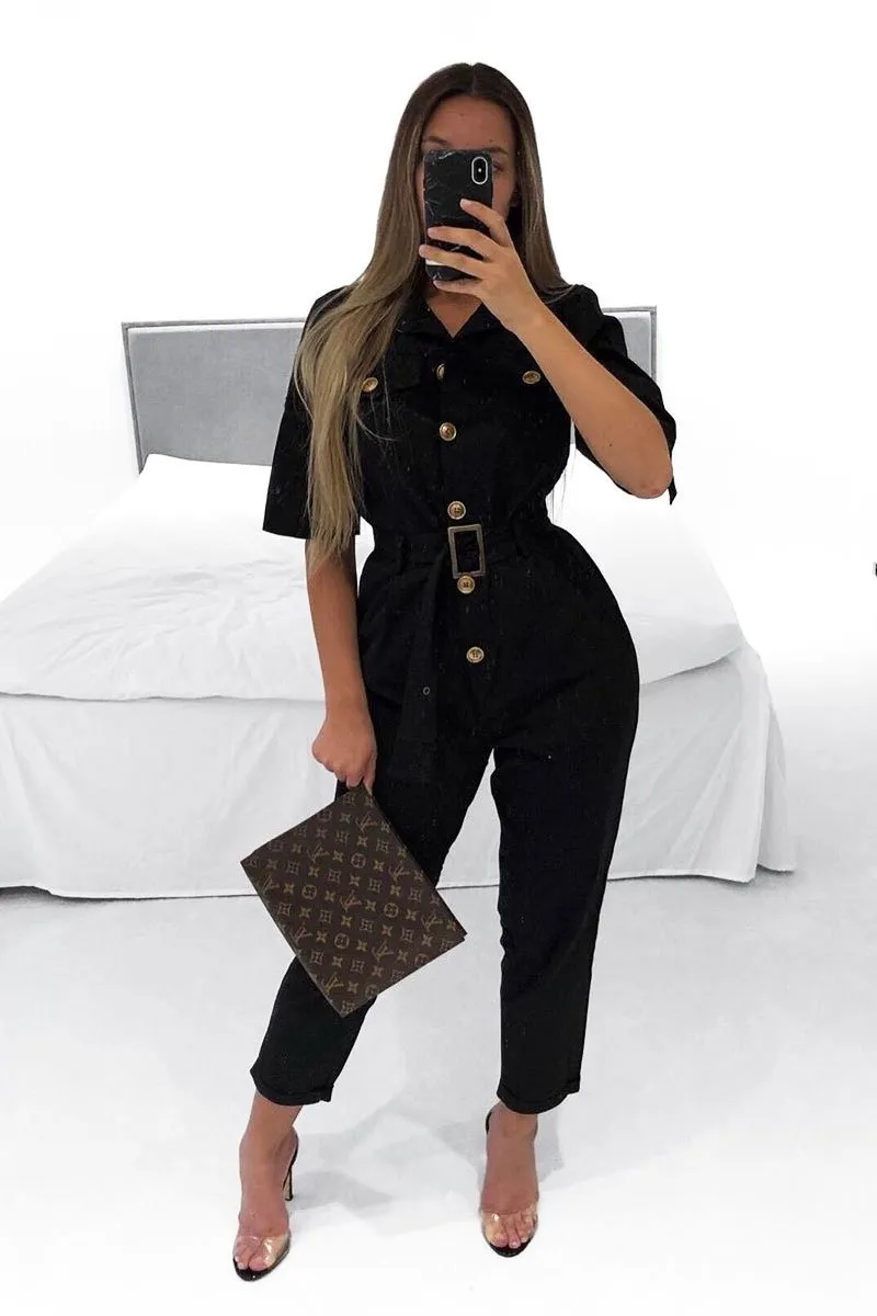 Black Front Button Belted Boiler Jumpsuit - Nyrah