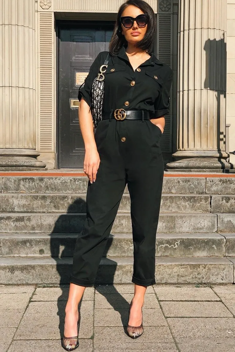 Black Front Button Belted Boiler Jumpsuit - Nyrah