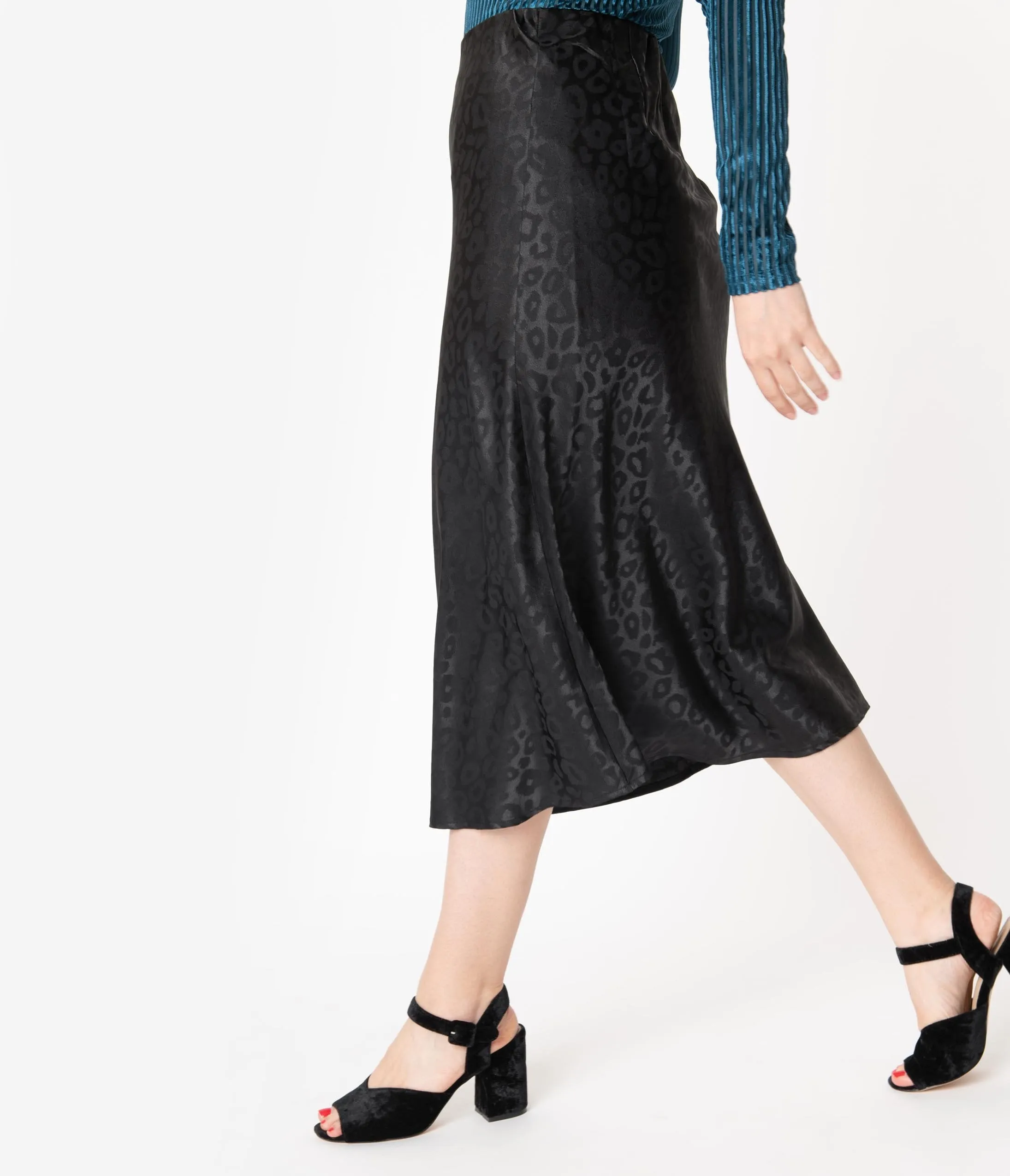 Black Leopard Print Satin Midi Skirt