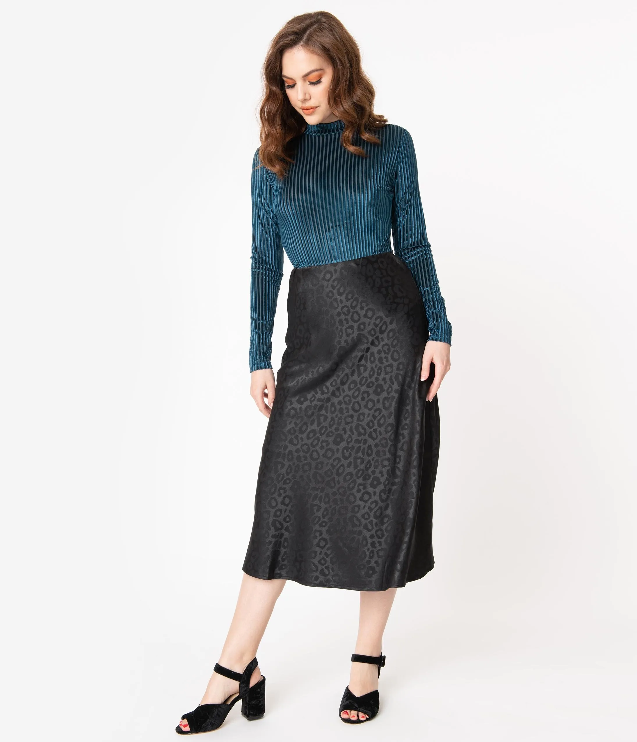 Black Leopard Print Satin Midi Skirt