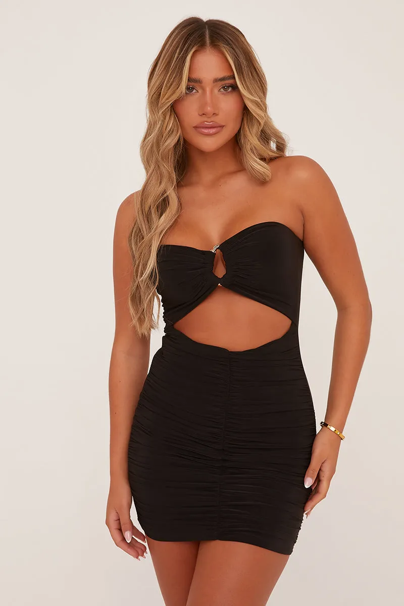 Black Metal Trim Detail Bandeau Ruched Bodycon Mini Dress - Madelyn