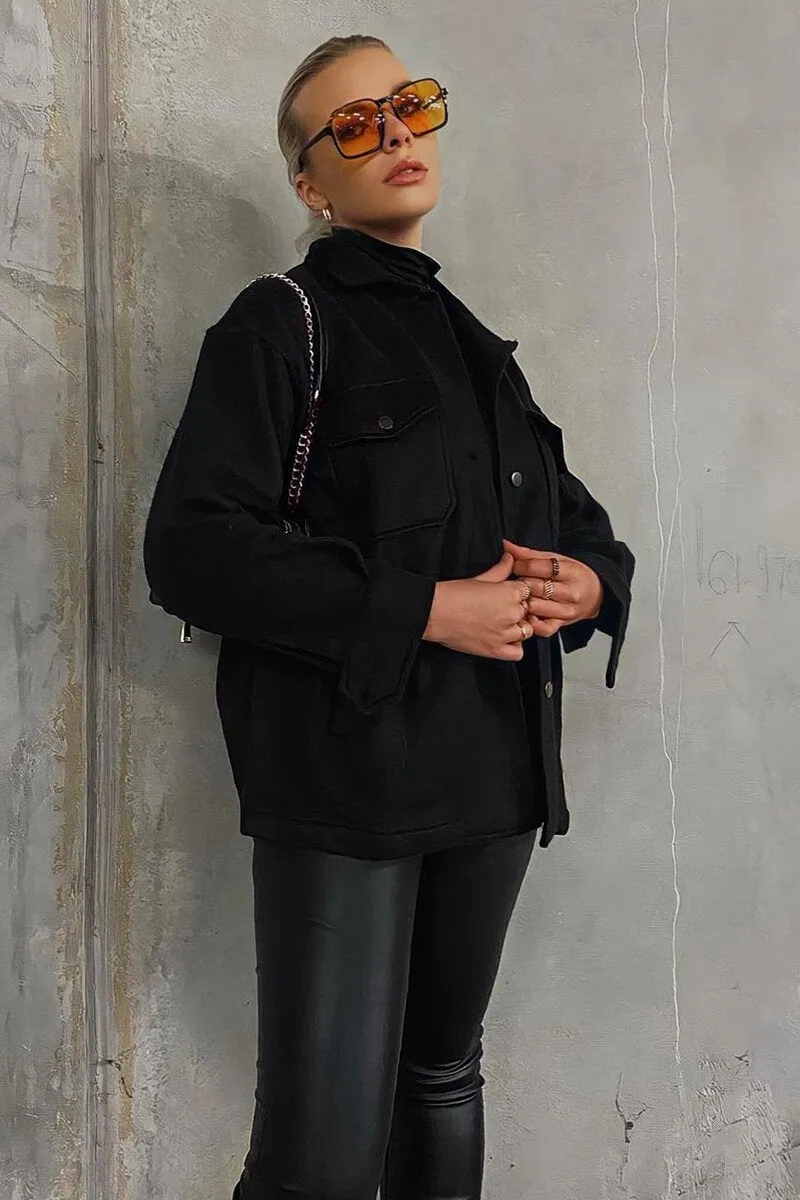 Black Pocket Oversized Brushed Shacket - Caley