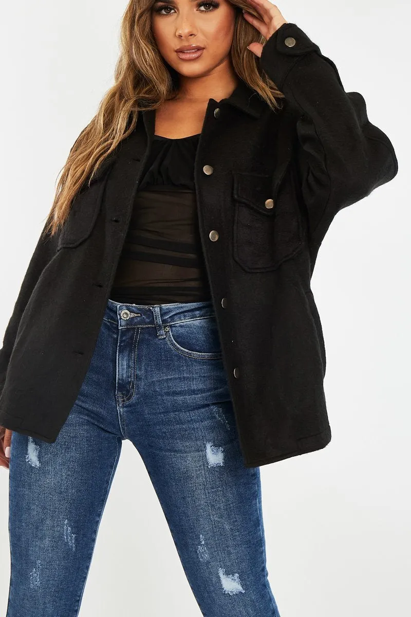 Black Pocket Oversized Brushed Shacket - Caley