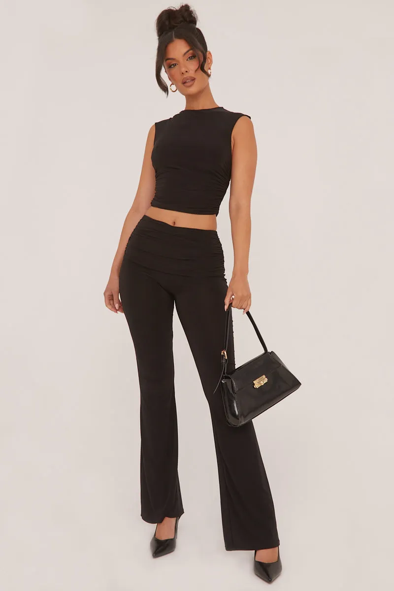 Black Ruched Cropped Top & Trousers Co-ord Set - Edie