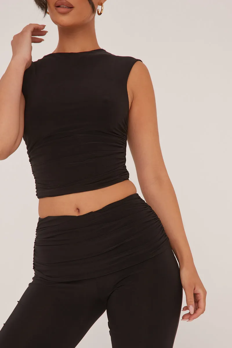 Black Ruched Cropped Top & Trousers Co-ord Set - Edie