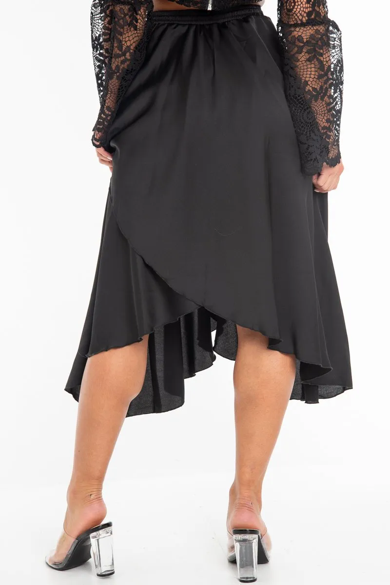 Black Satin Wrap Drawstring Waist Midi Skirt - Scarlett