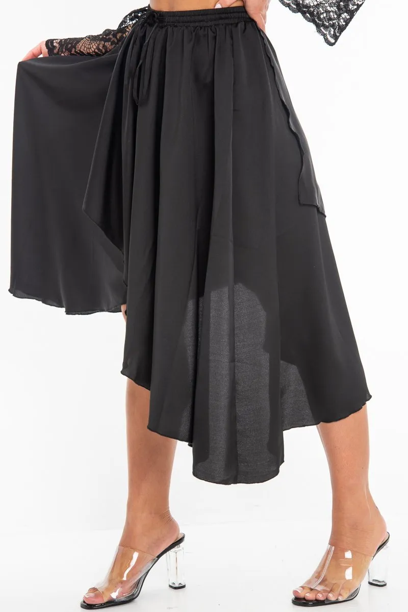 Black Satin Wrap Drawstring Waist Midi Skirt - Scarlett