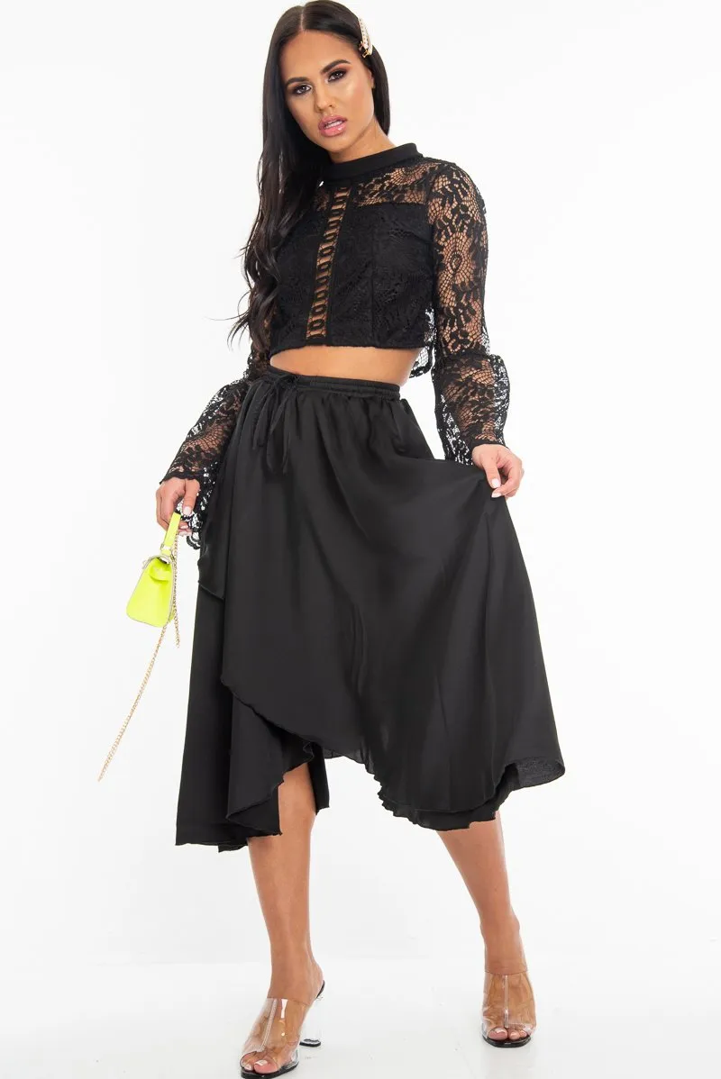 Black Satin Wrap Drawstring Waist Midi Skirt - Scarlett