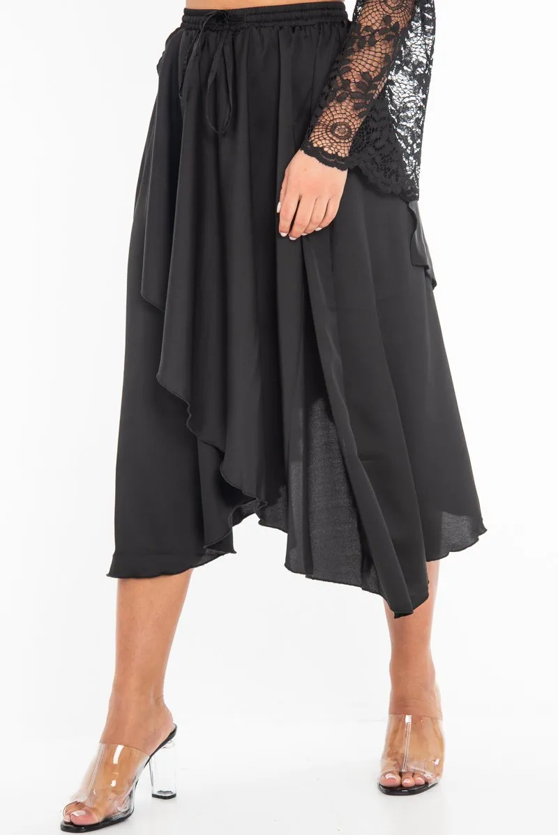 Black Satin Wrap Drawstring Waist Midi Skirt - Scarlett