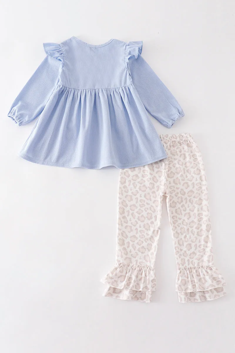 Blue corduroy leopard ruffle set