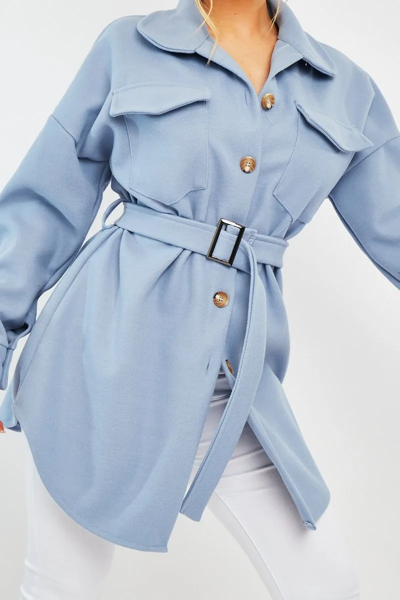 Blue Front Pocket Belted Shacket - Ranessa