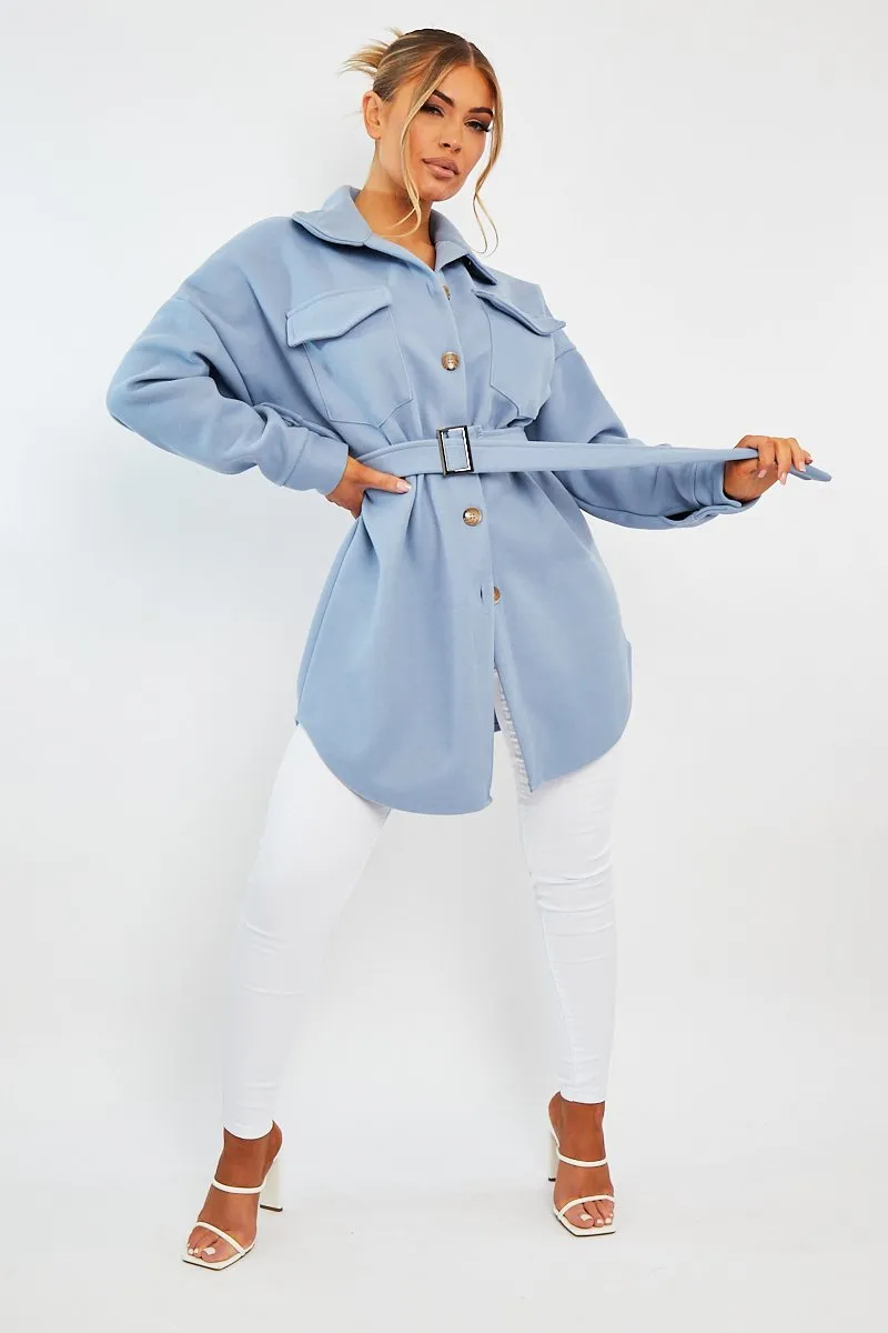 Blue Front Pocket Belted Shacket - Ranessa