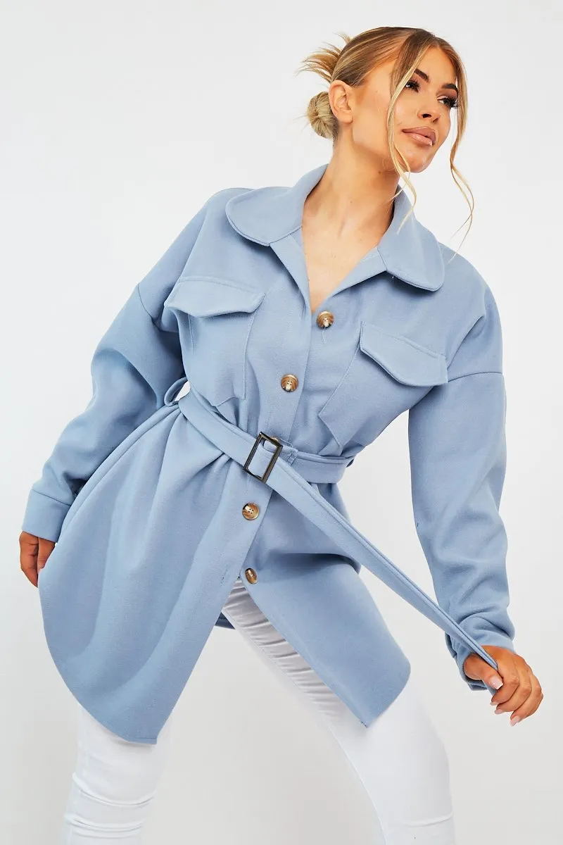 Blue Front Pocket Belted Shacket - Ranessa