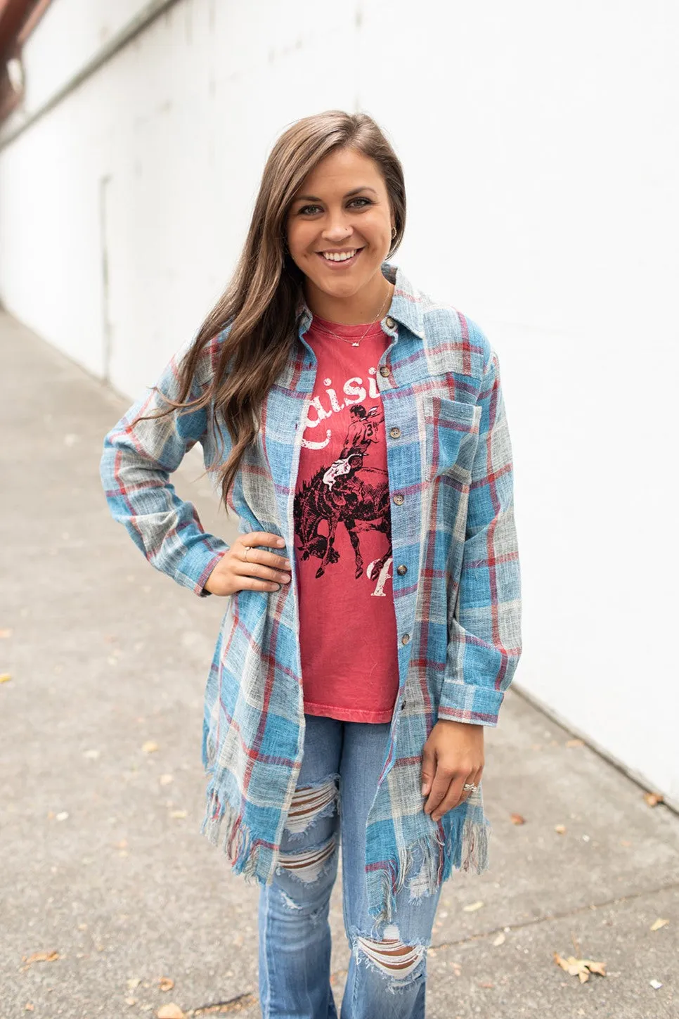 Blue Red Gray Plaid Frayed Button Up Long Shacket