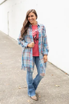 Blue Red Gray Plaid Frayed Button Up Long Shacket