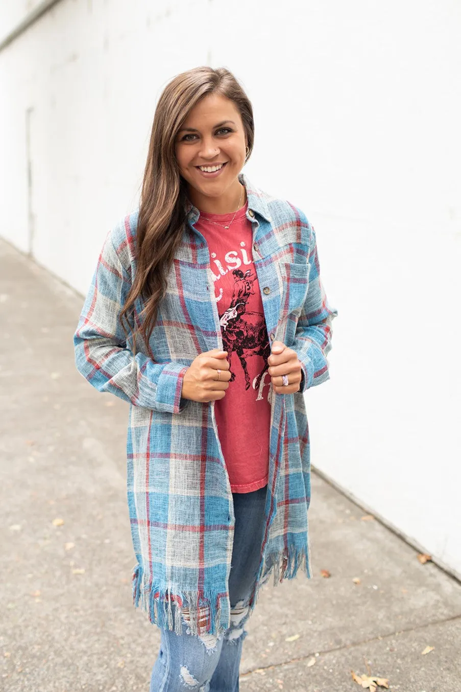 Blue Red Gray Plaid Frayed Button Up Long Shacket