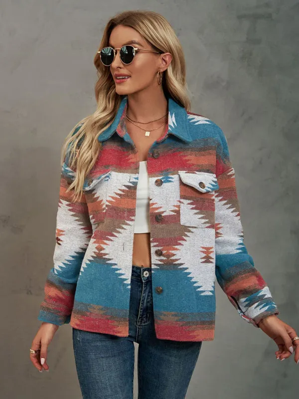 Boho Western Aztec Pattern Collared Pocket Jacket