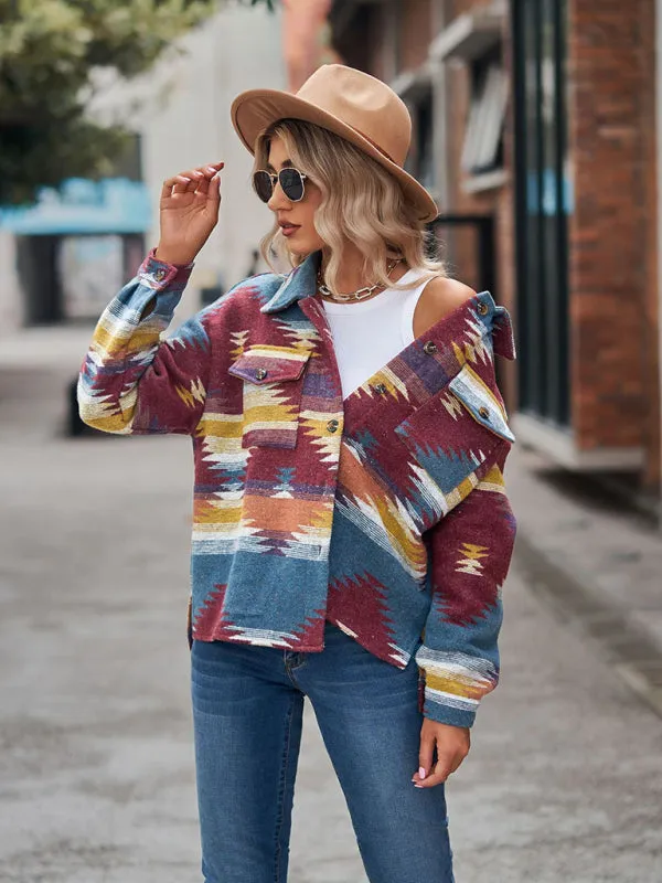 Boho Western Aztec Pattern Collared Pocket Jacket