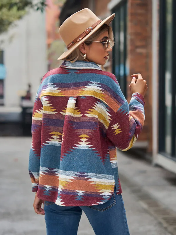 Boho Western Aztec Pattern Collared Pocket Jacket