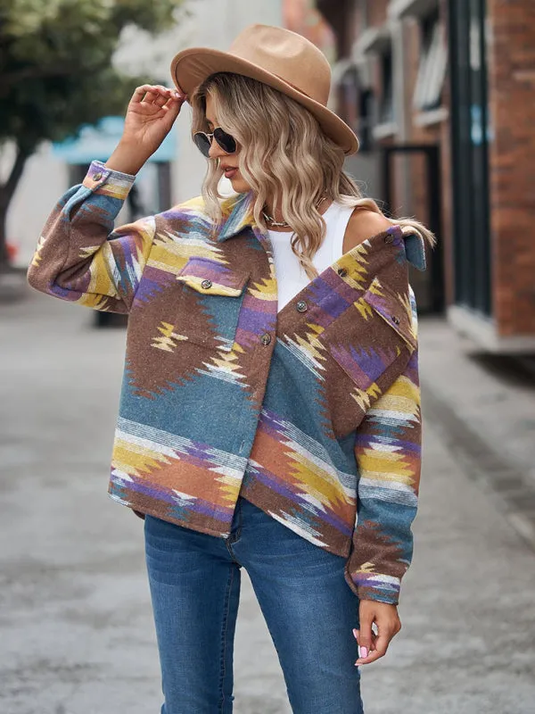 Boho Western Aztec Pattern Collared Pocket Jacket