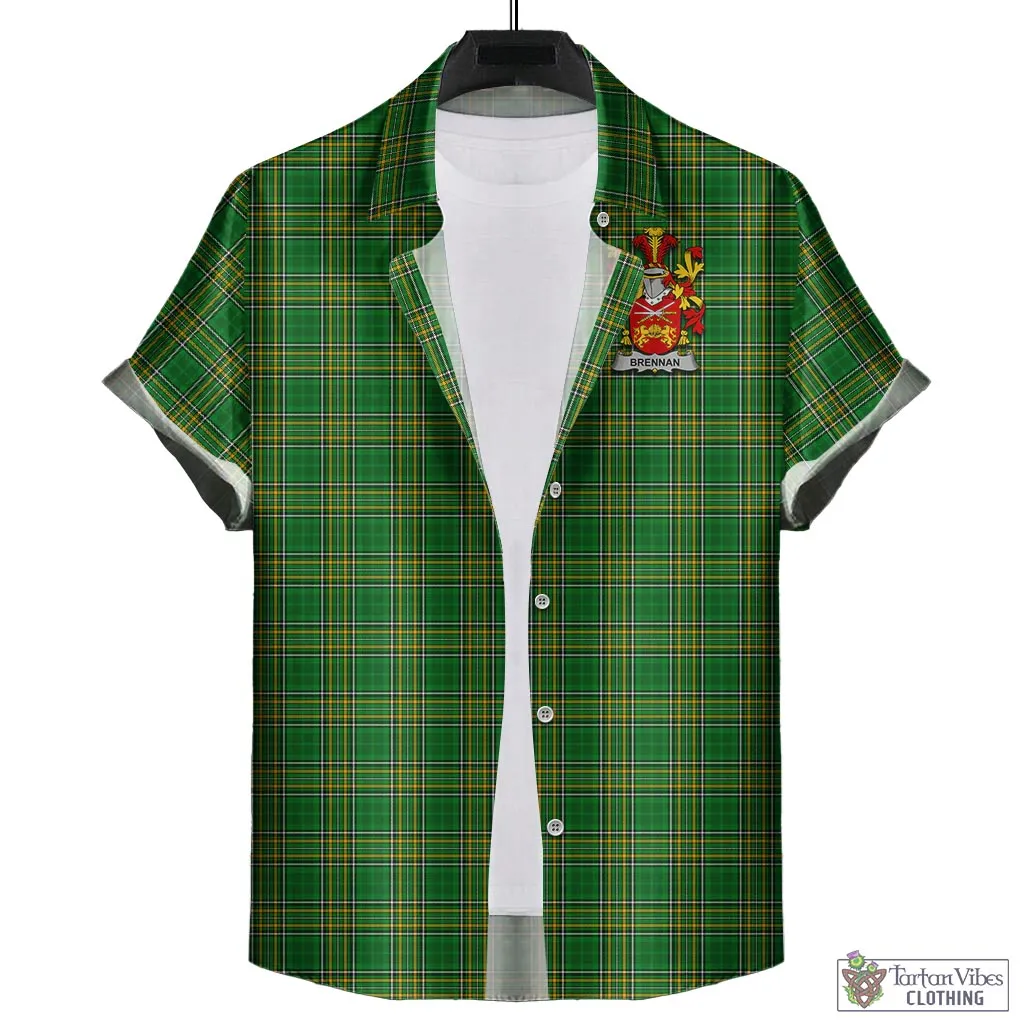 Brennan Irish Clan Tartan Short Sleeve Button Up with Coat of Arms