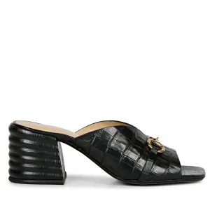 Brianna Black Croc Embossed Leather Block Heel Mules