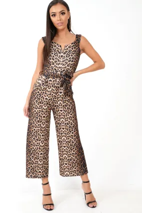 Brown Leopard Bardot V Dip Jumpsuit - Lisah