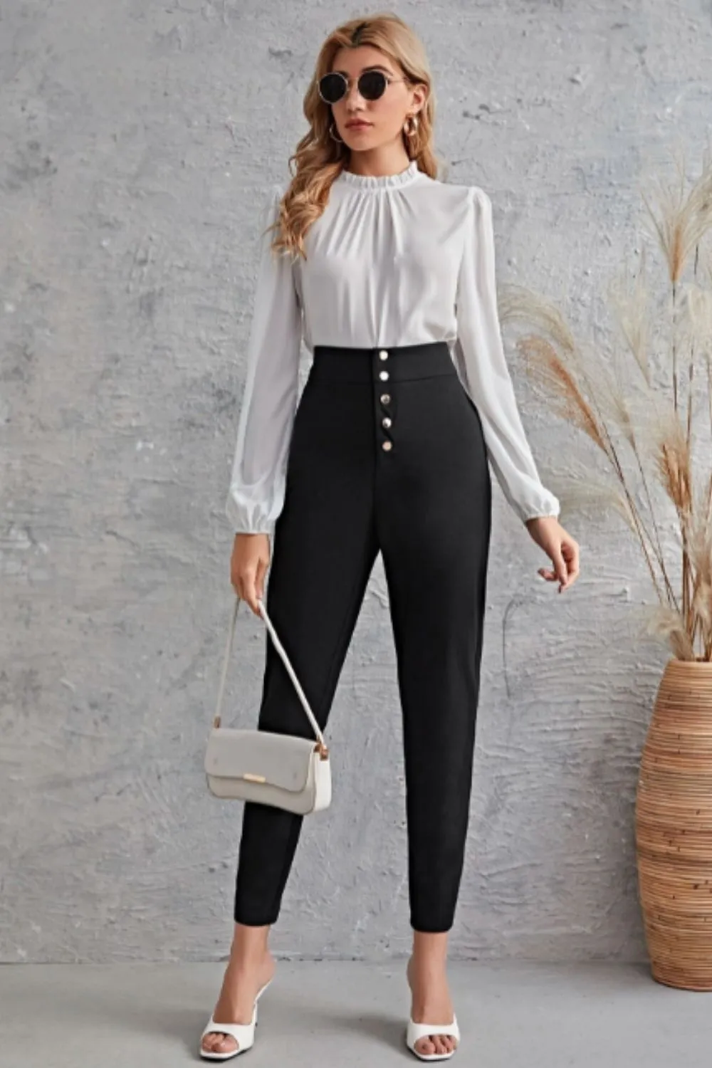 Button Front Solid Trousers