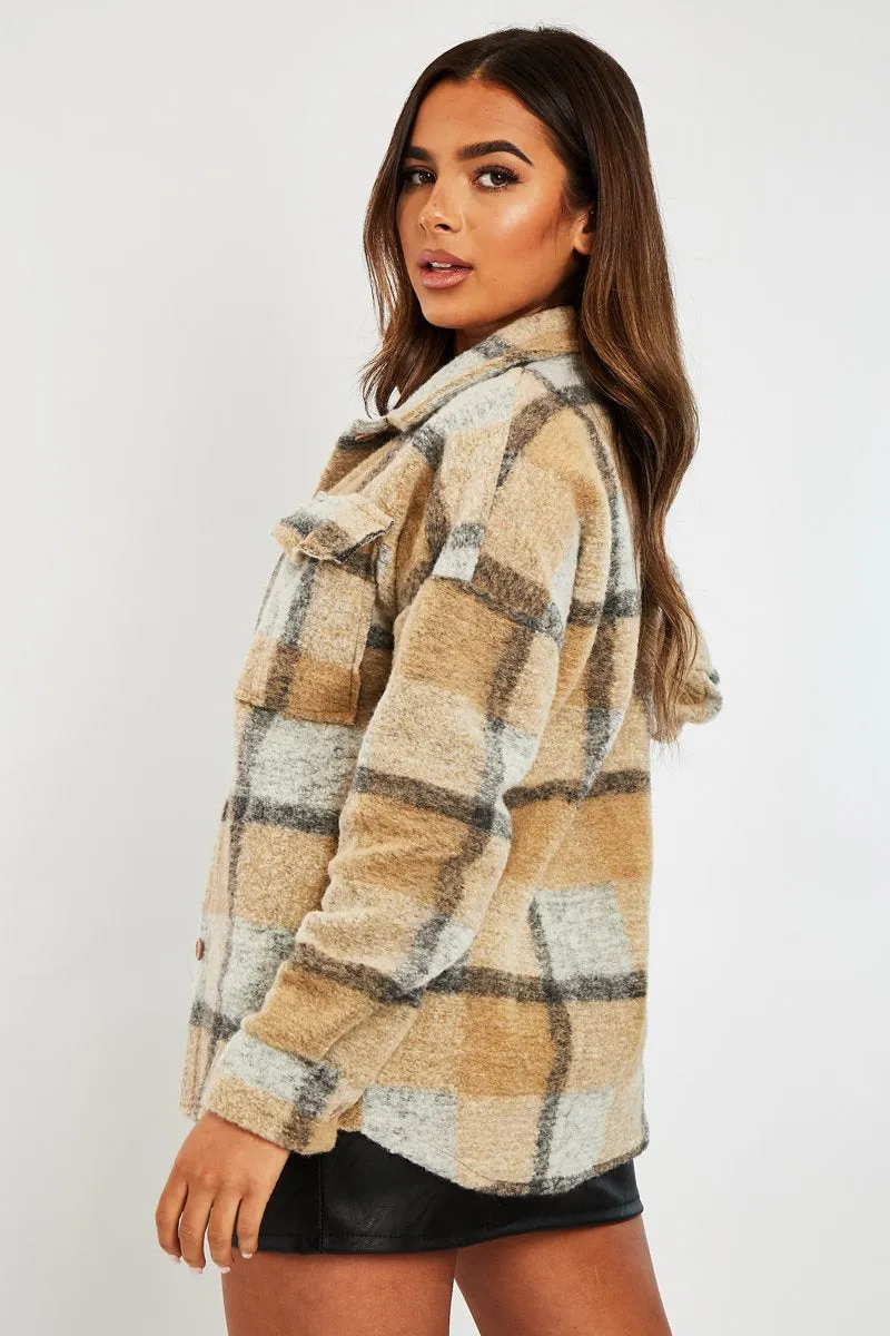 Camel Check Oversized Wool Blend Shacket - Diora