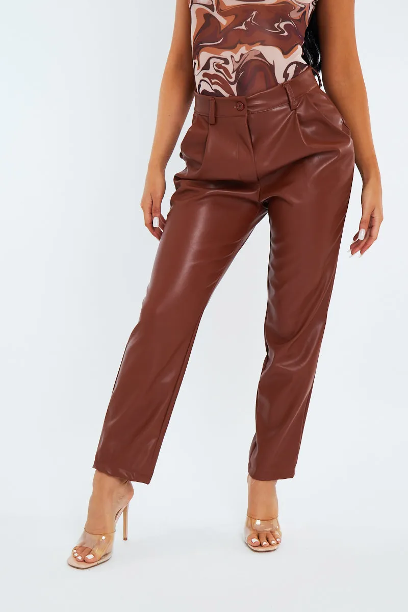 Camel Tailored Fit PU Leather Trousers - Nadya