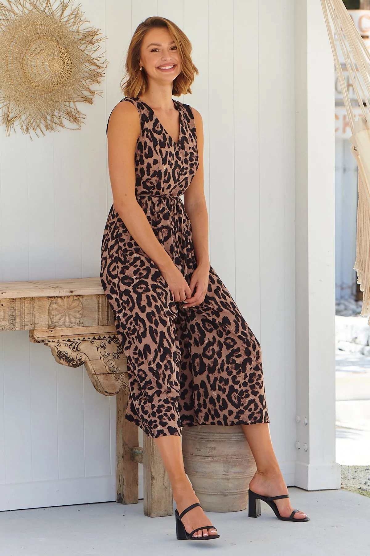 Claire Tie Waist Brown Animal Print Jumpsuit