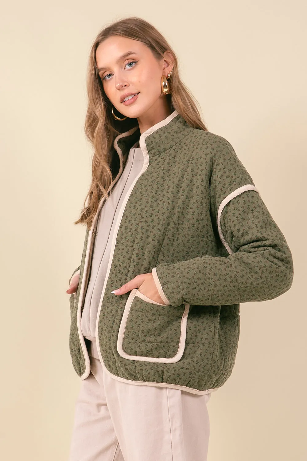 Contrast Trim Padded Open Coat