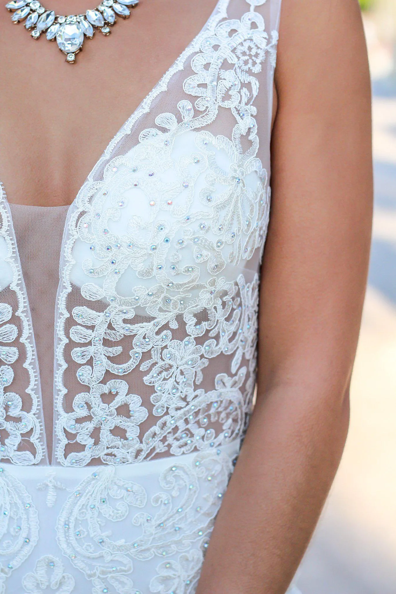 Cream Lace Maxi Dress with Tulle Detail