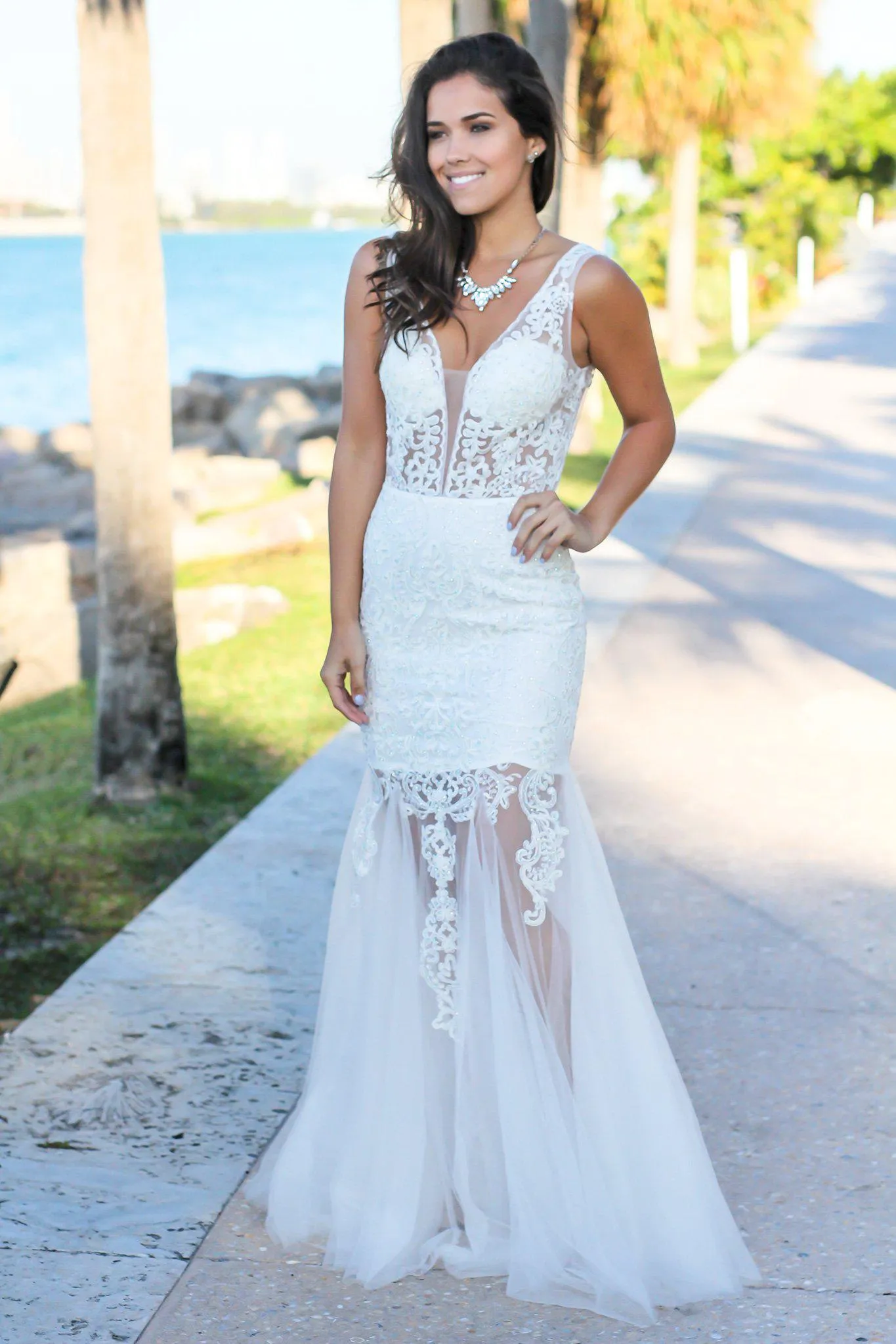 Cream Lace Maxi Dress with Tulle Detail