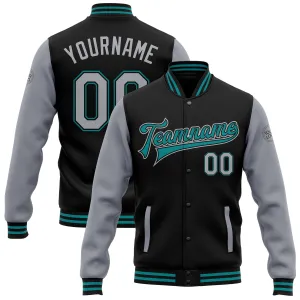 Custom Black Gray-Teal Bomber Full-Snap Varsity Letterman Two Tone Jacket