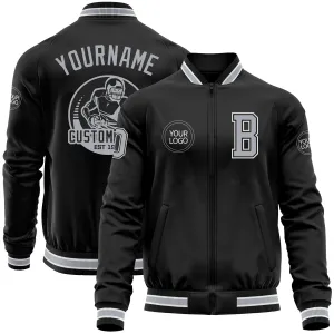 Custom Black Gray-White Bomber Varsity Letterman Zipper Jacket