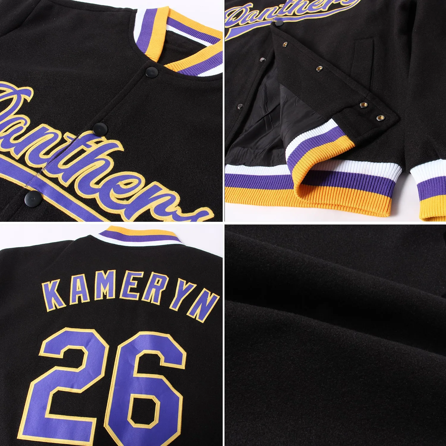 Custom Black Purple-Gold Bomber Full-Snap Varsity Letterman Jacket