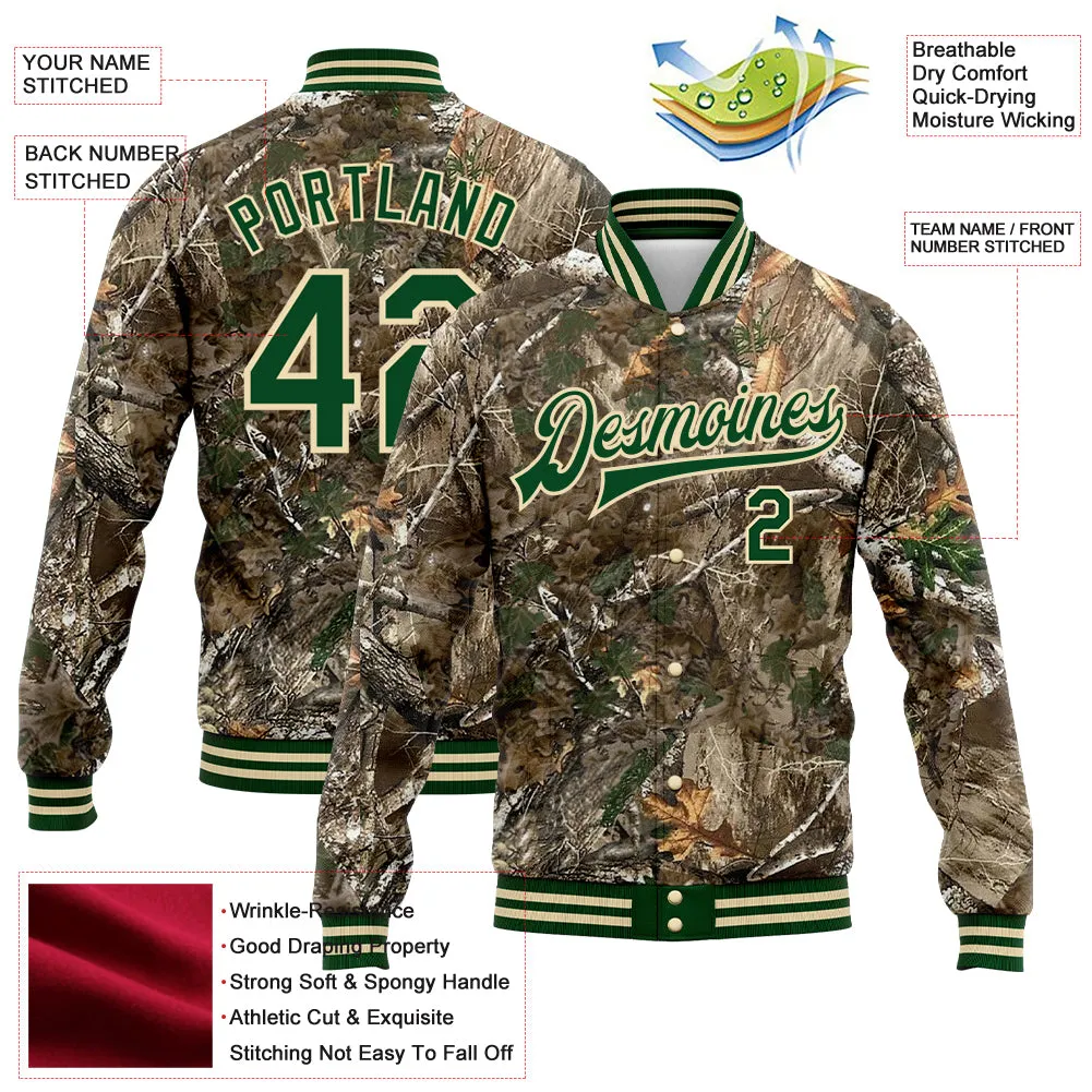 Custom Camo Green-Cream Realistic Forest Camouflage 3D Bomber Full-Snap Varsity Letterman Salute To Service Jacket