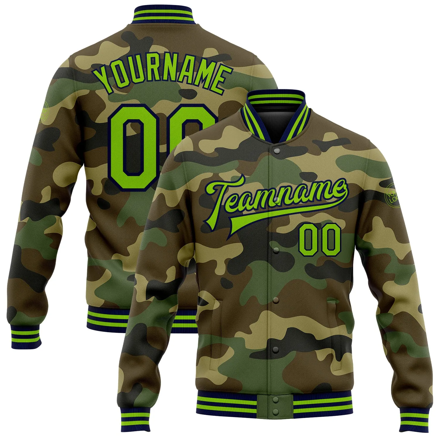 Custom Camo Neon Green-Navy Bomber Full-Snap Varsity Letterman Salute To Service Jacket