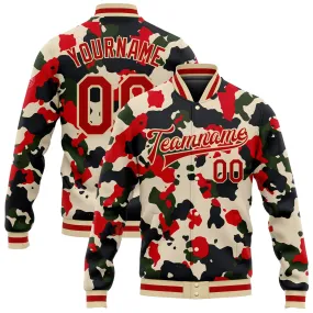 Custom Camo Red-Cream 3D Bomber Full-Snap Varsity Letterman Salute To Service Jacket