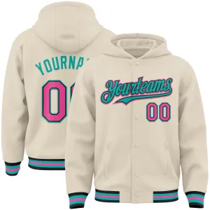 Custom Cream Pink Black-Aqua Bomber Full-Snap Varsity Letterman Hoodie Jacket